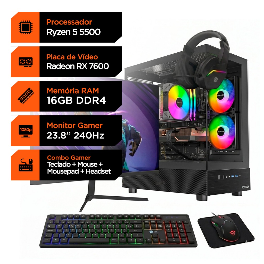 PC Gamer Soldier AMD Ryzen 5 5500 RX 7600 16GB SSD + Monitor 240Hz + Combo Gamer