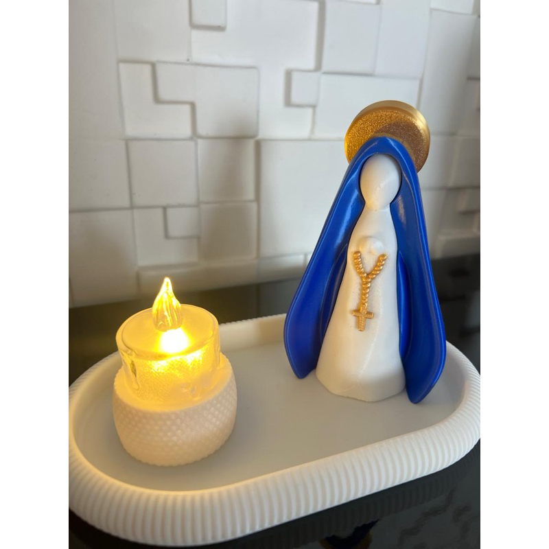 Kit Decoração Imagem Nossa Senhora com Base e Porta Velas Presente Religioso Espiritual Impressão 3D