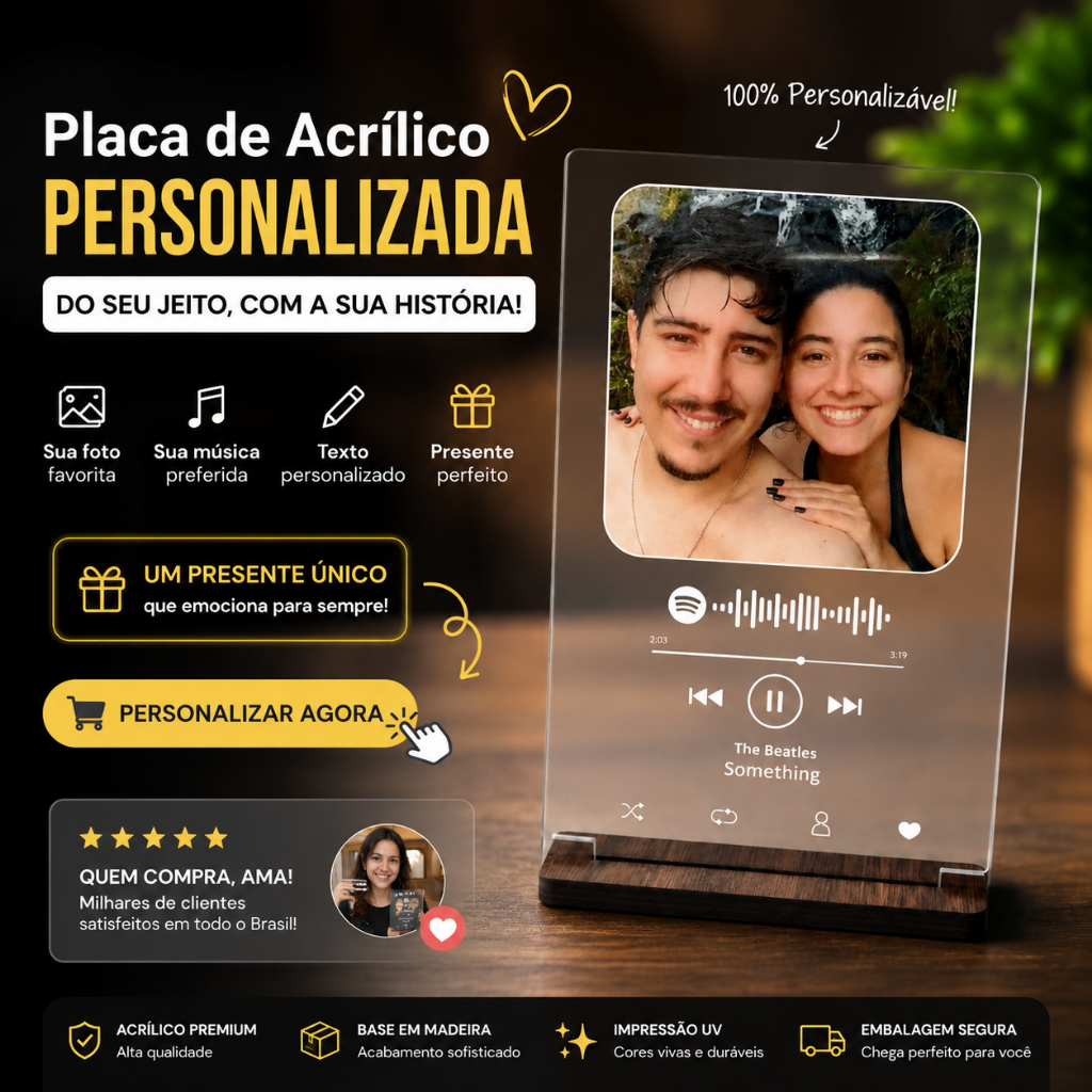 Placa Spotify Personalizada Com Sua Foto Música Spotify Presente Criativo Dia dos Namorados Mães