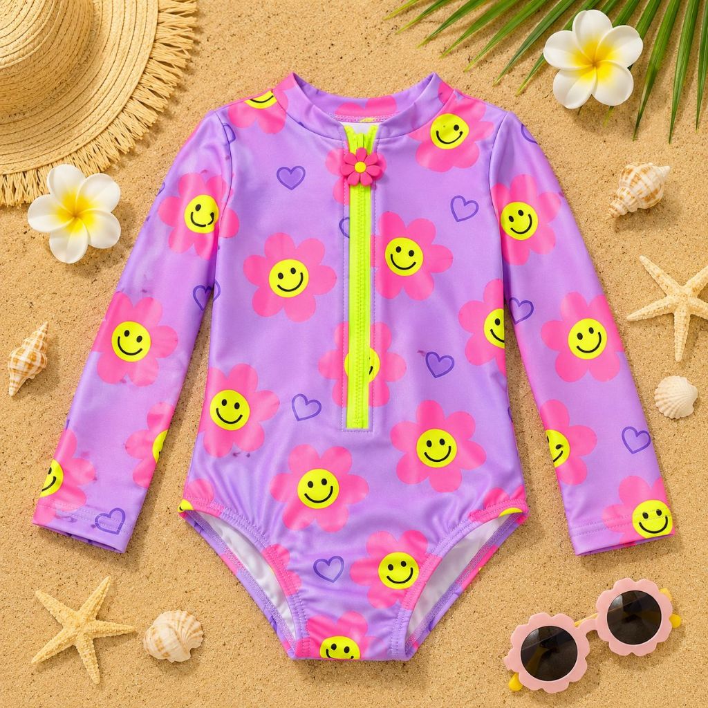 Maiô Infantil Menina UV50+ Manga Longa Praia Piscina Zíper Frontal