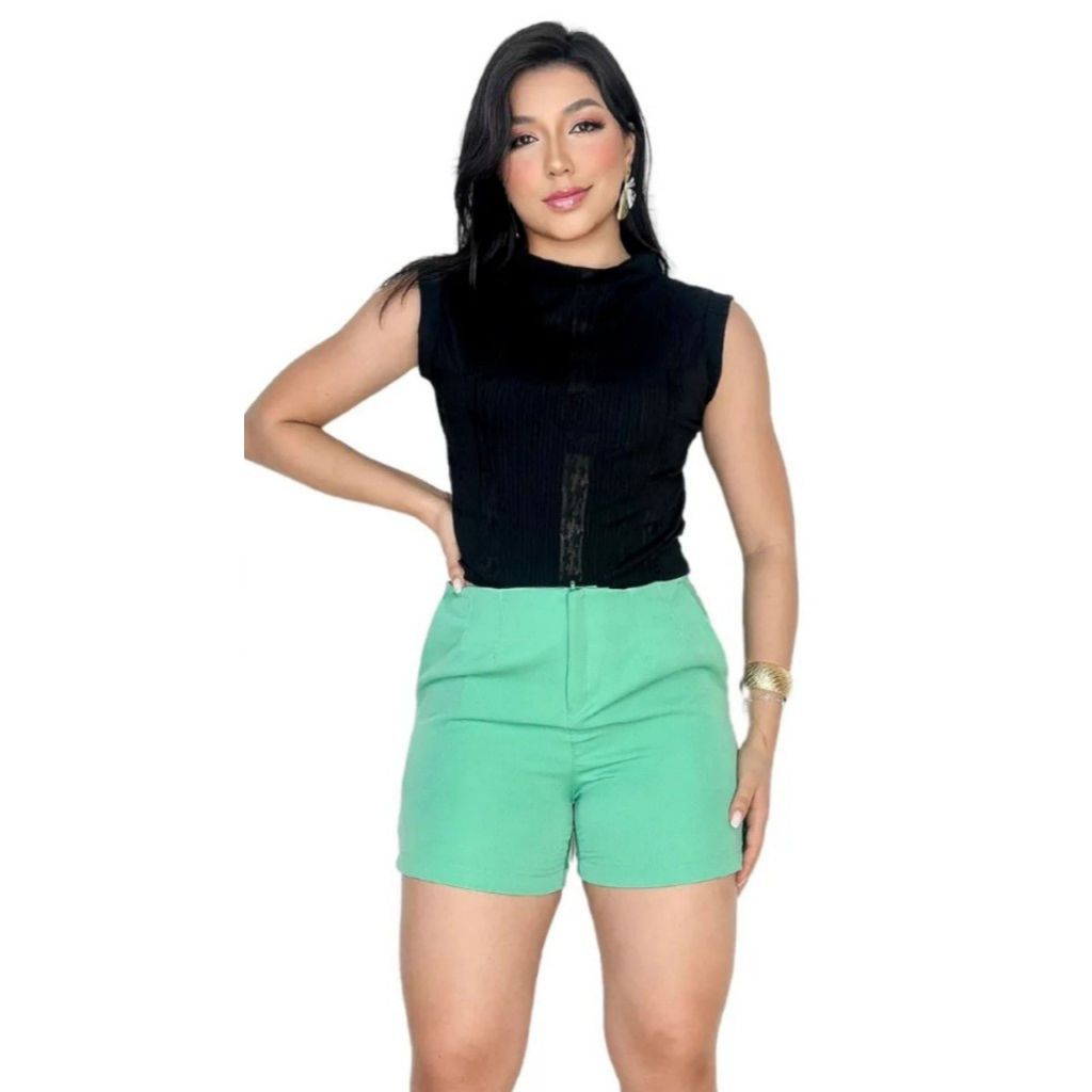 Short Feminino Alfaiataria Cintura Alta Com Zíper Bolso Social Elegante Casual Trabalho Chic
