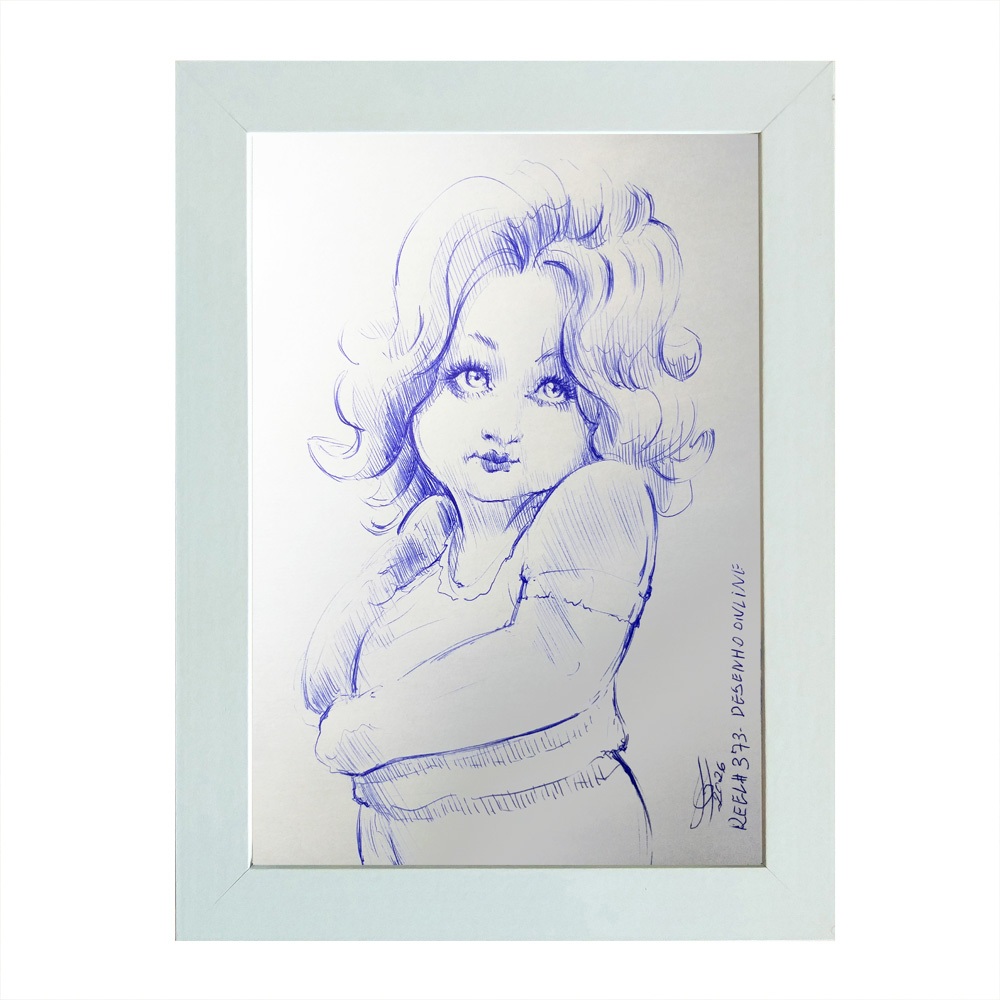 Quadro desenho original caneta azul Charme Infantil a5 moldurado assinado arte original reel #373