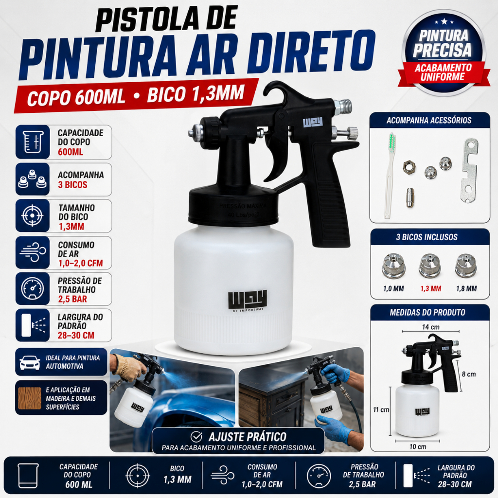Pistola Pintura Ar Direto Importway Copo 600ml 3 Bicos 1,3mm