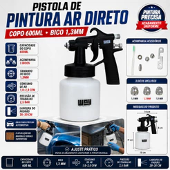 Pistola Pintura Ar Direto Importway Copo 600ml 3 Bicos 1,3mm