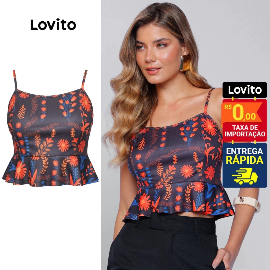 Lovito Regata Com Babado Alca Fina Basica Casual Floral Feminina BRTKB776BRL806