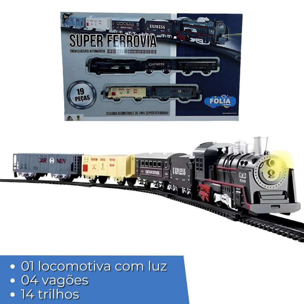 Brinquedo Ferrorama Trem Elétrico Diversão Sobre Trilhos Ferrovia Locomotiva com luz e 4 vagões