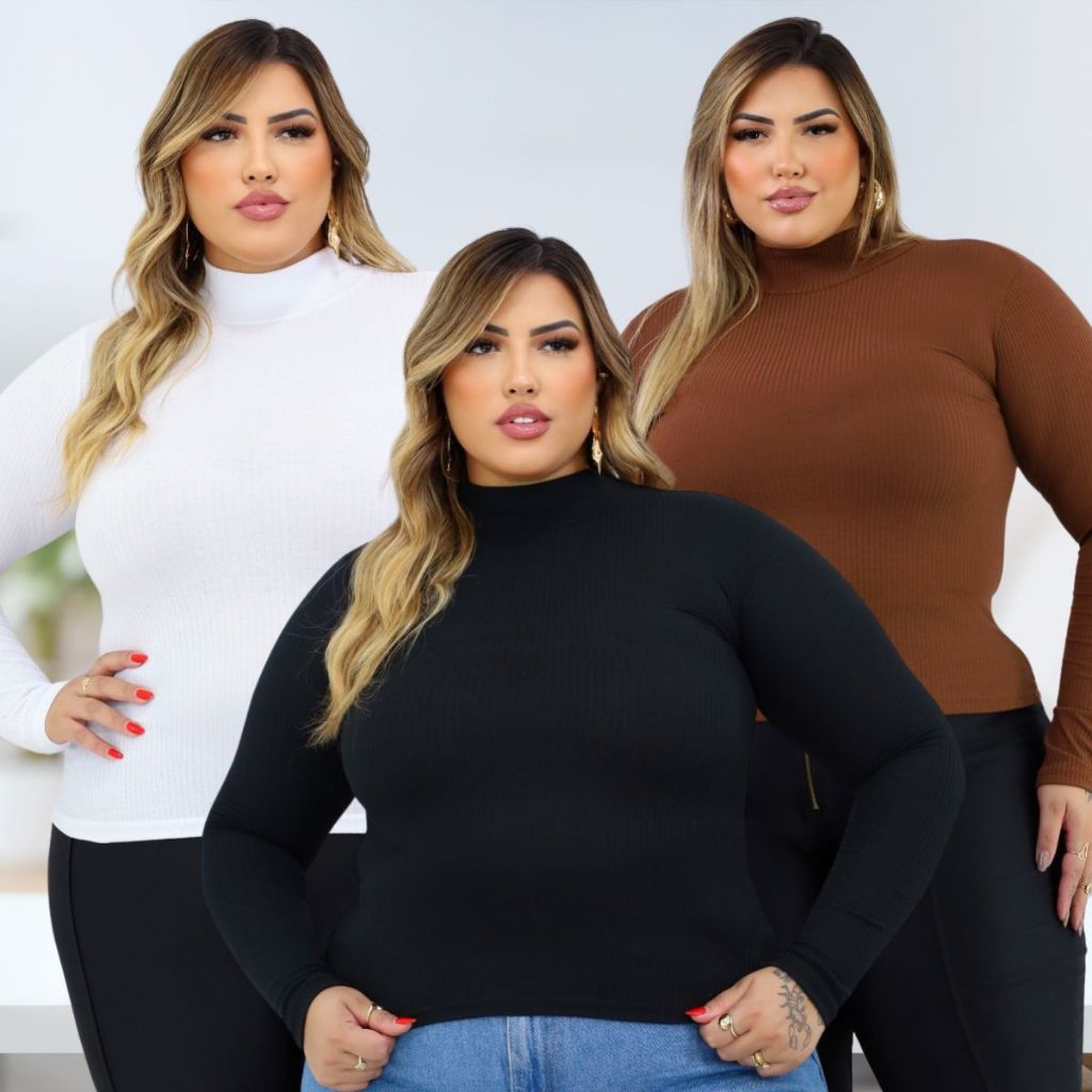 Kit 3 Blusas Cacharrel Canelada segunda pele Inverno Plus Size Elegante Grossa Frio Curvy gola alta