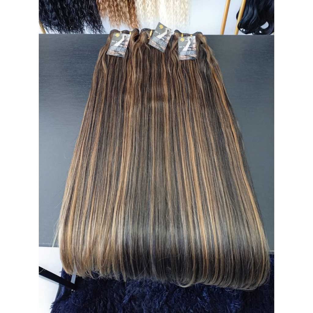 Aplique de Cabelo na Tela Mega Hair Natural Fibra Russa Liso Morena Iluminada 50cm Premium Bella Hair