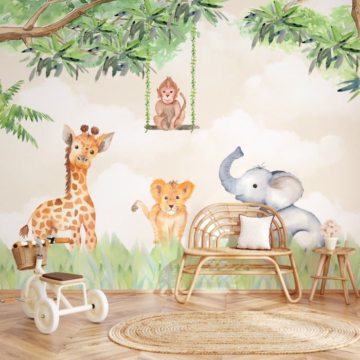 Papel de Parede Safari Baby Animais Divertidos na Savana - Adesivos de Parede Autocolante