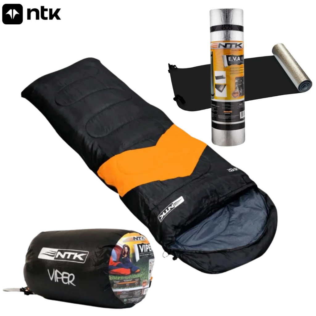 Kit Saco De Dormir Viper e Isolante Eva Camping Nautika Preto Laranja