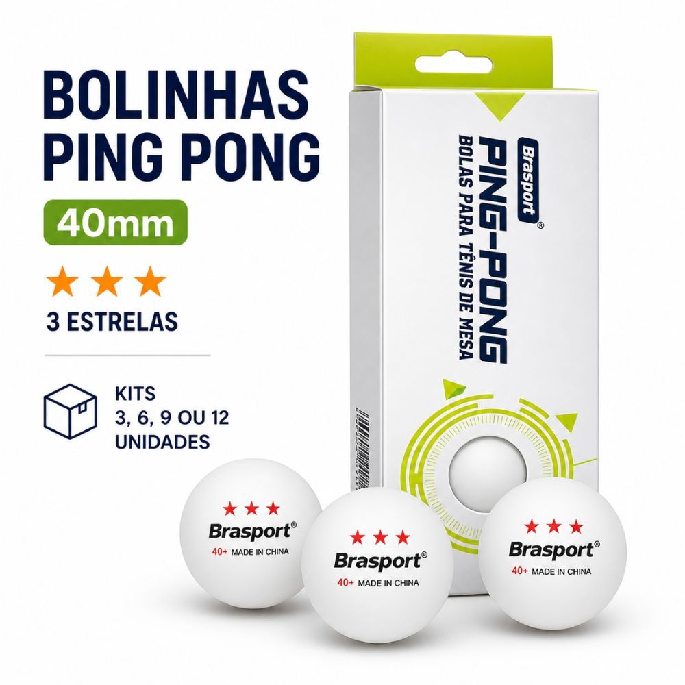 Bolinha Ping Pong 40mm 3 Estrelas Brasport 3 6 9 12 Unidades (Pacote com 3) Tamanho Oficial
