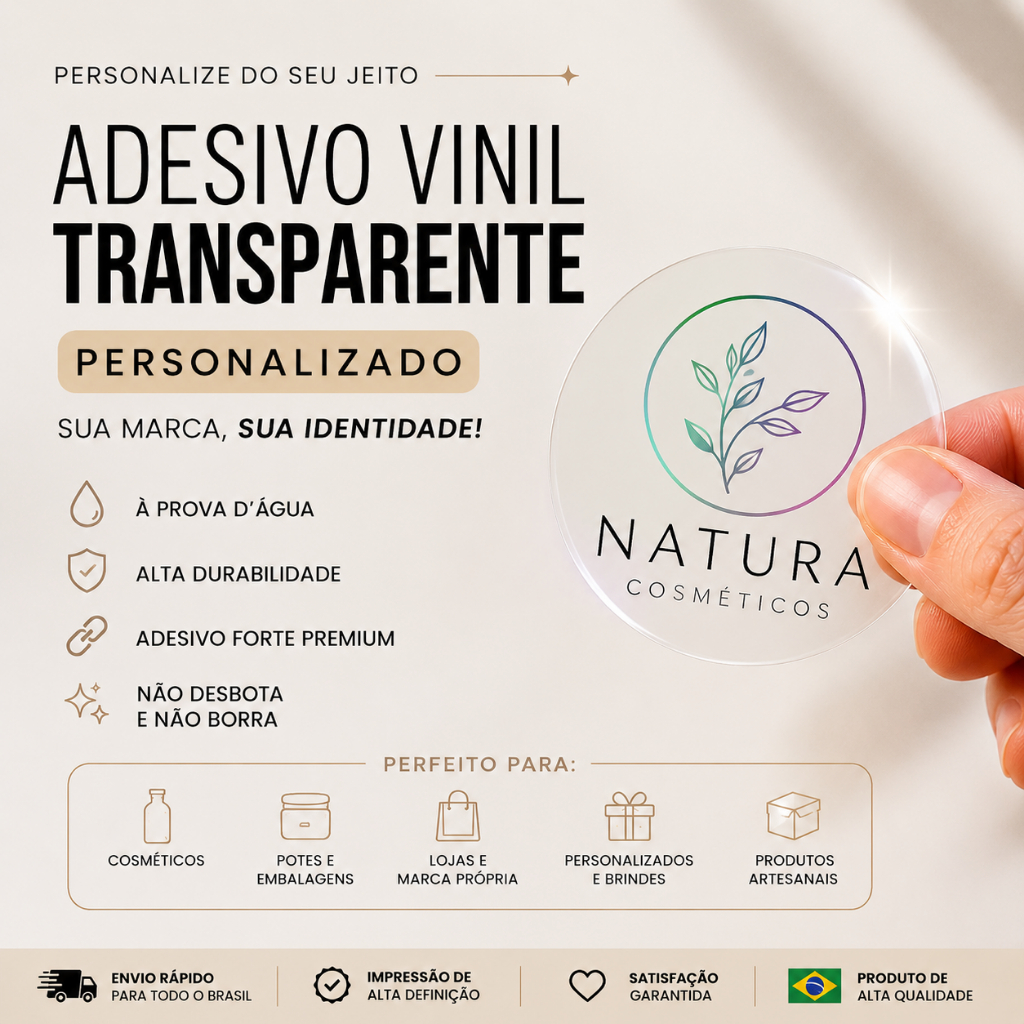 ADESIVO VINIL TRANSPARENTE PERSONALIZADO COM SUA LOGO | À PROVA D’ÁGUA | ETIQUETA ADESIVA PREMIUM