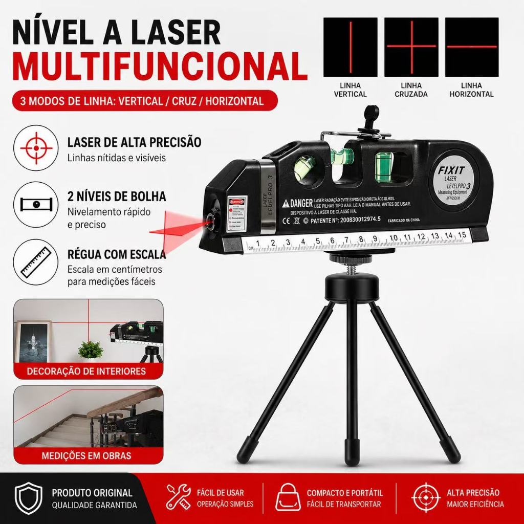 Nível a Laser 3 em 1 com Tripé Portátil – Linha Horizontal, Vertical e Cruz – Medidor com Régua e Bússola