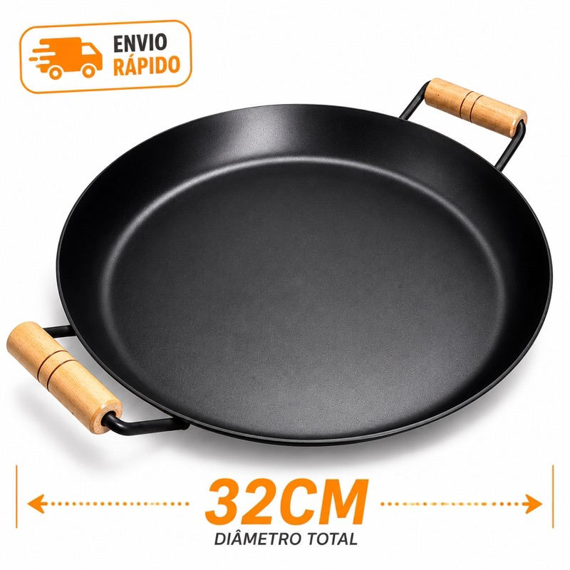Disco de Arado 32cm Tacho Porções - Chapa de Arado com Alças de Madeira, Ideal para Fogão a Lenha