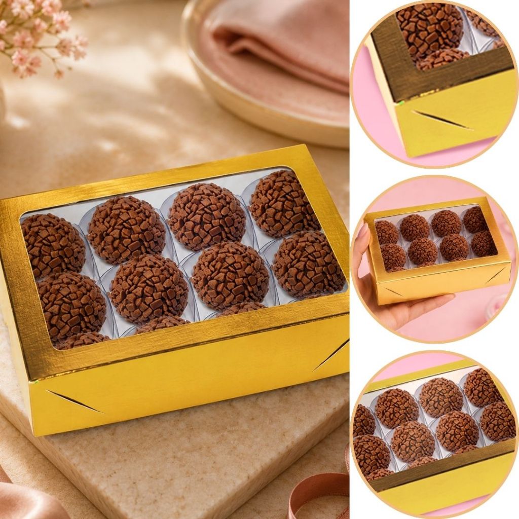 10~50 CAIXA LAMINADA C/ VISOR (12 DOCES) 4x16x12 cm OURO 4673 (CHOCO)