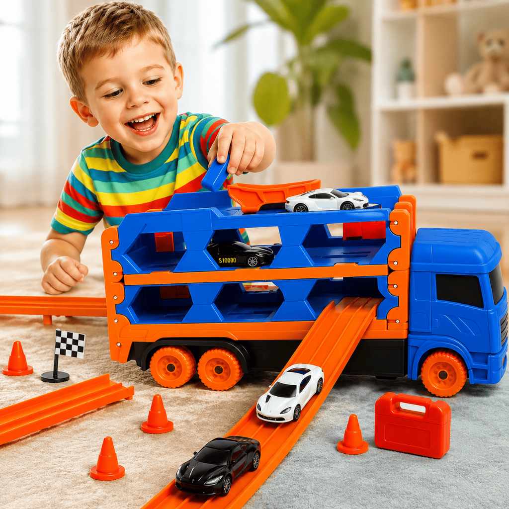 Caminhão Cegonha Com Pista Infantil 6 Carrinhos Impulsão Brinquedo de Menino Divertido Estratégia
