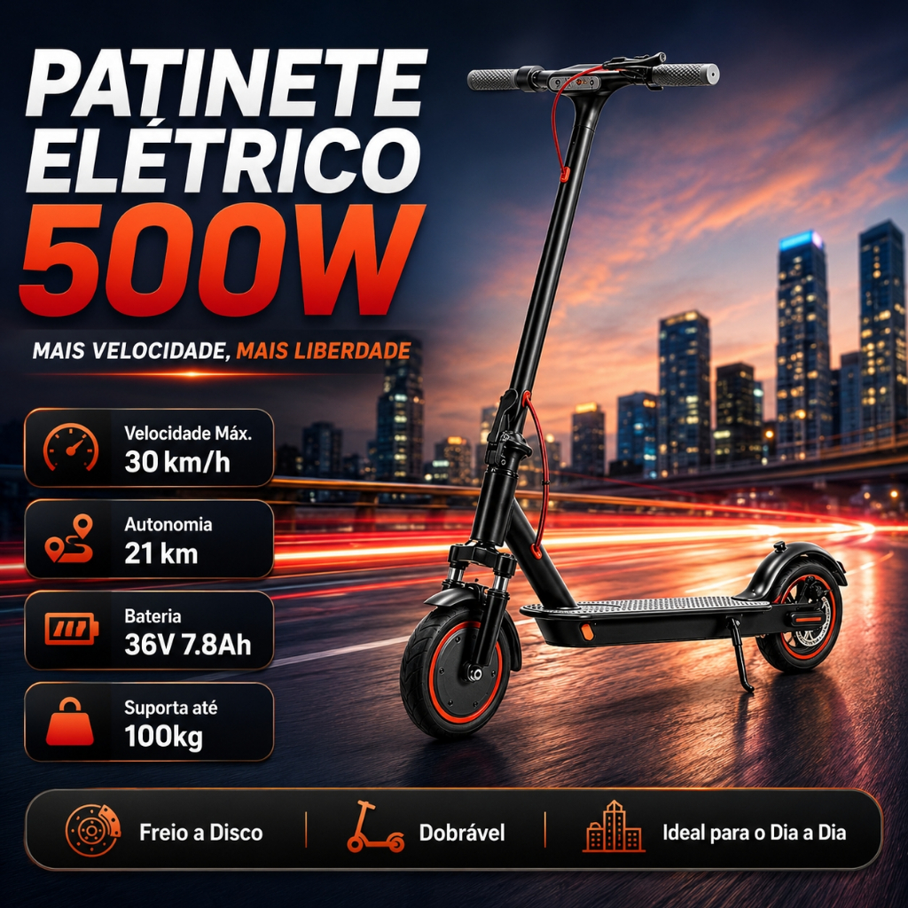 Patinete Elétrico Com Amortecedor Adulto 500W – Alta Velocidade, Bateria Longa e Suporta Até 100kg