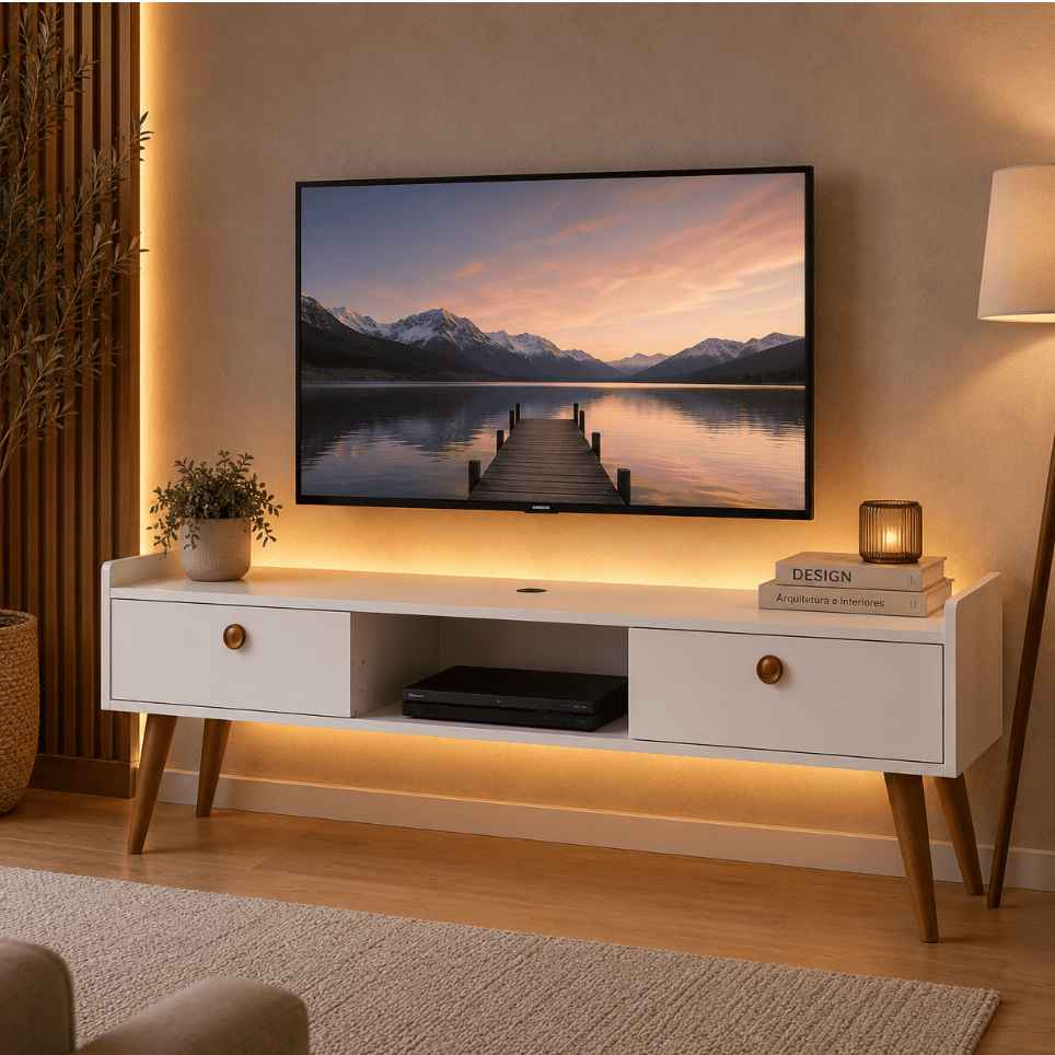 Rack Bancada Miami 2 Portas Basculantes Nichos TV até 42 Polegadas Compacto Moderno com Pés