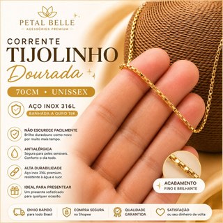 Colar Corrente Tijolinho Dourado 70cm Unissex Aço Inox 316L Premium