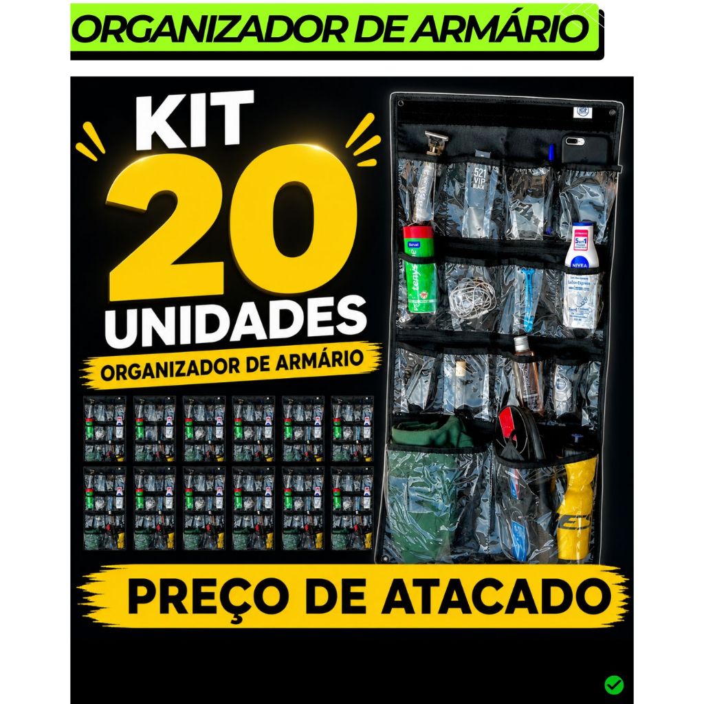 KIT 20 UNIDADES Organizador De Armário Porta Objetos De Roupeiro Otimiza Espaço + Kit para Instalação