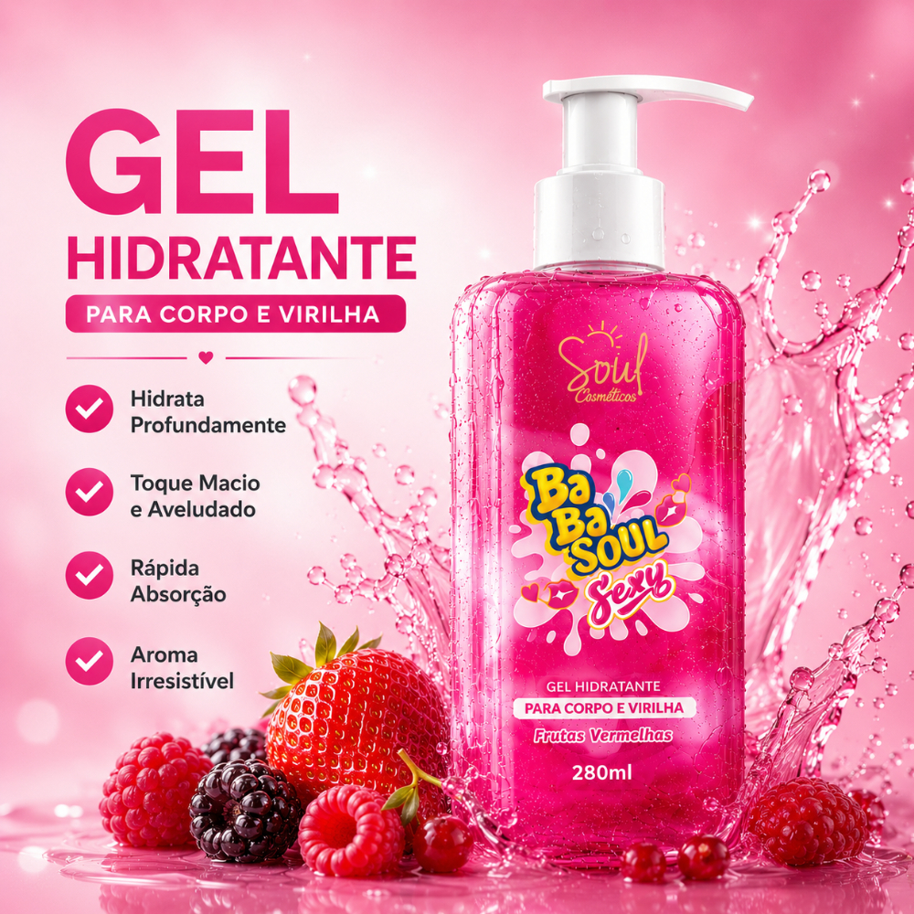 Gel BaBa Soul Feminino Frutas Vermelhas Hidratação Intensa Toque Aveludado e Uso Diário