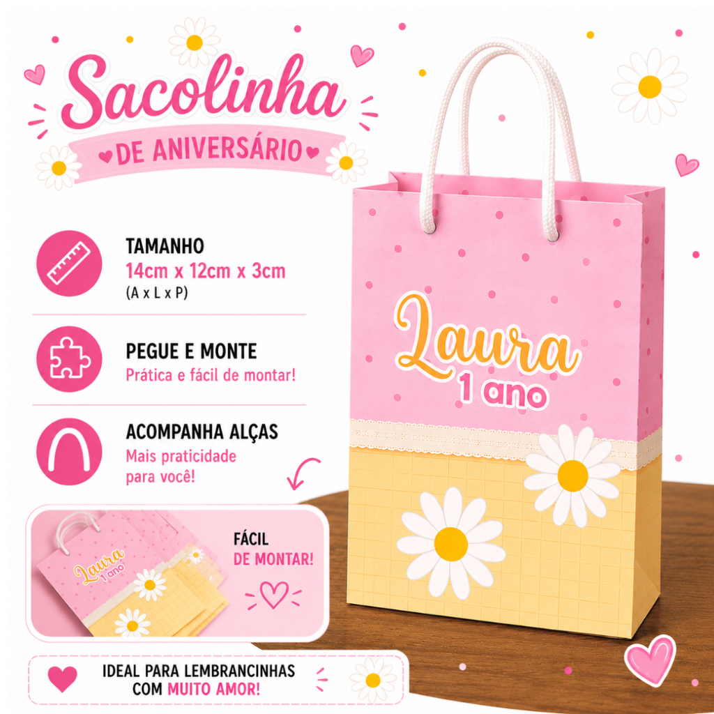 Sacolinha Personalizada Margaridas | Pegue e Monte | Lembrancinhas | Festa infantil | Aniversário