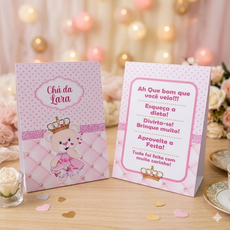 Kit Plaquinha de Agradecimento Ursinha Princesa Rosa - Personalizados- Lembrancinha- Festa- Aniversário- Decoração