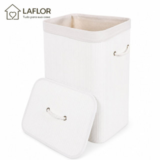 Cesto de Bambu Multiuso Cesto de Roupa Suja Com Tampa e Alças 70L Branco