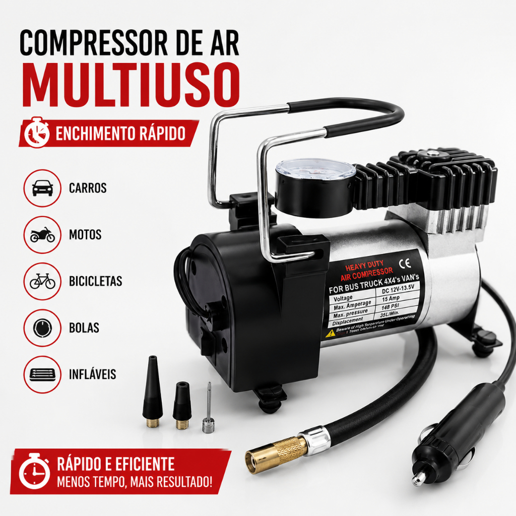 Compressor de Ar Veicular Portátil 12V 3 Bicos com Manômetro para Carro, Moto e Bike