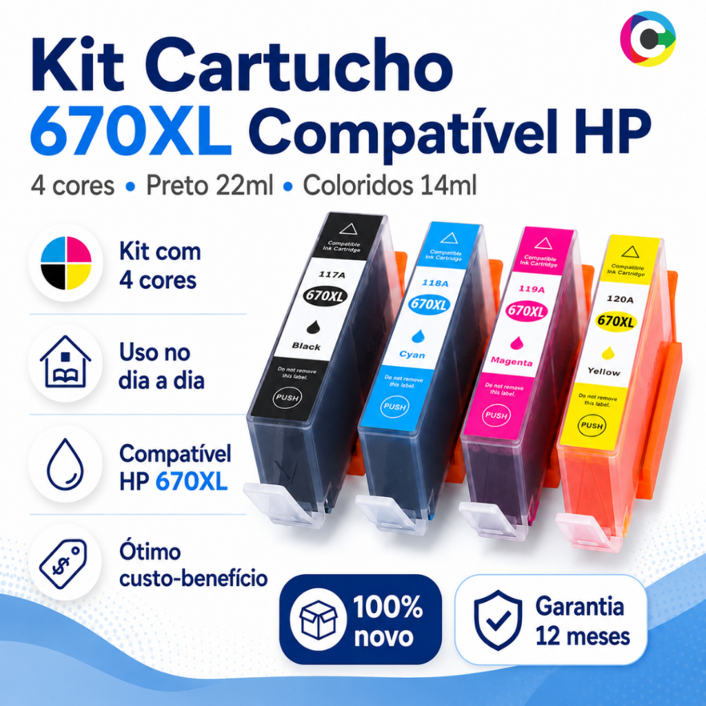 Kit Cartucho de Tinta 670XL Compatível Impressora HP Preto 22ml Colorido 14ml 4 Cores 3525 4615 4625
