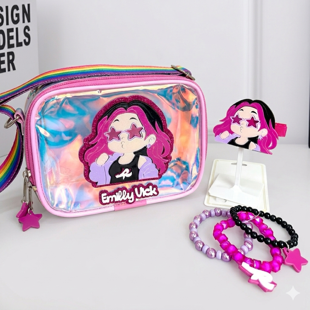 Kit Bolsa Infantil Emilly Vick Holográfica + Pulseiras e Presilha - Bolsa Criança Feminina Presente