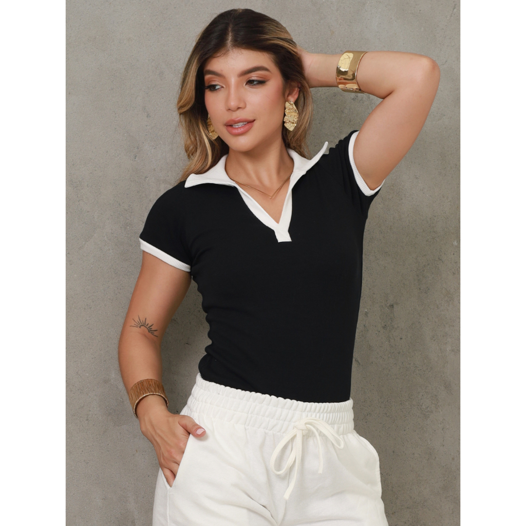Blusa Polo Feminina Bicolor Manga Curta Ribana Canelada Premium Confortavel Elegante