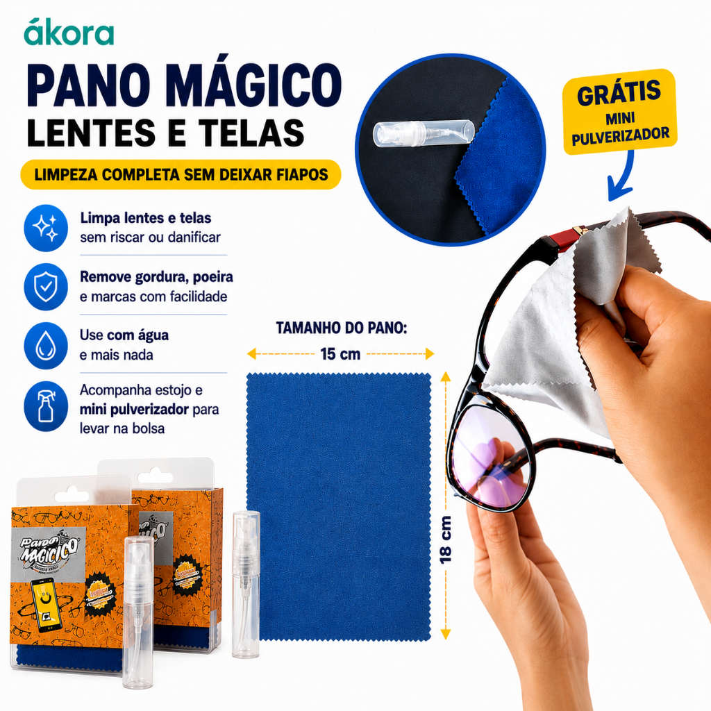 kit Pano Limpa Óculos e Telas Só com Água sem produtos químicos- ákora - Nas Cores Azul ou Cinza