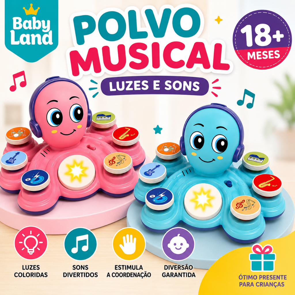 Brinquedo Educativo Polvo Musical Interativo com Sons e Luzes Baby Land Cardoso Toys
