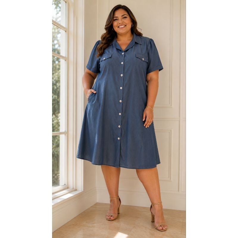 Vestido chamise jeans moda feminina tam plus size G1