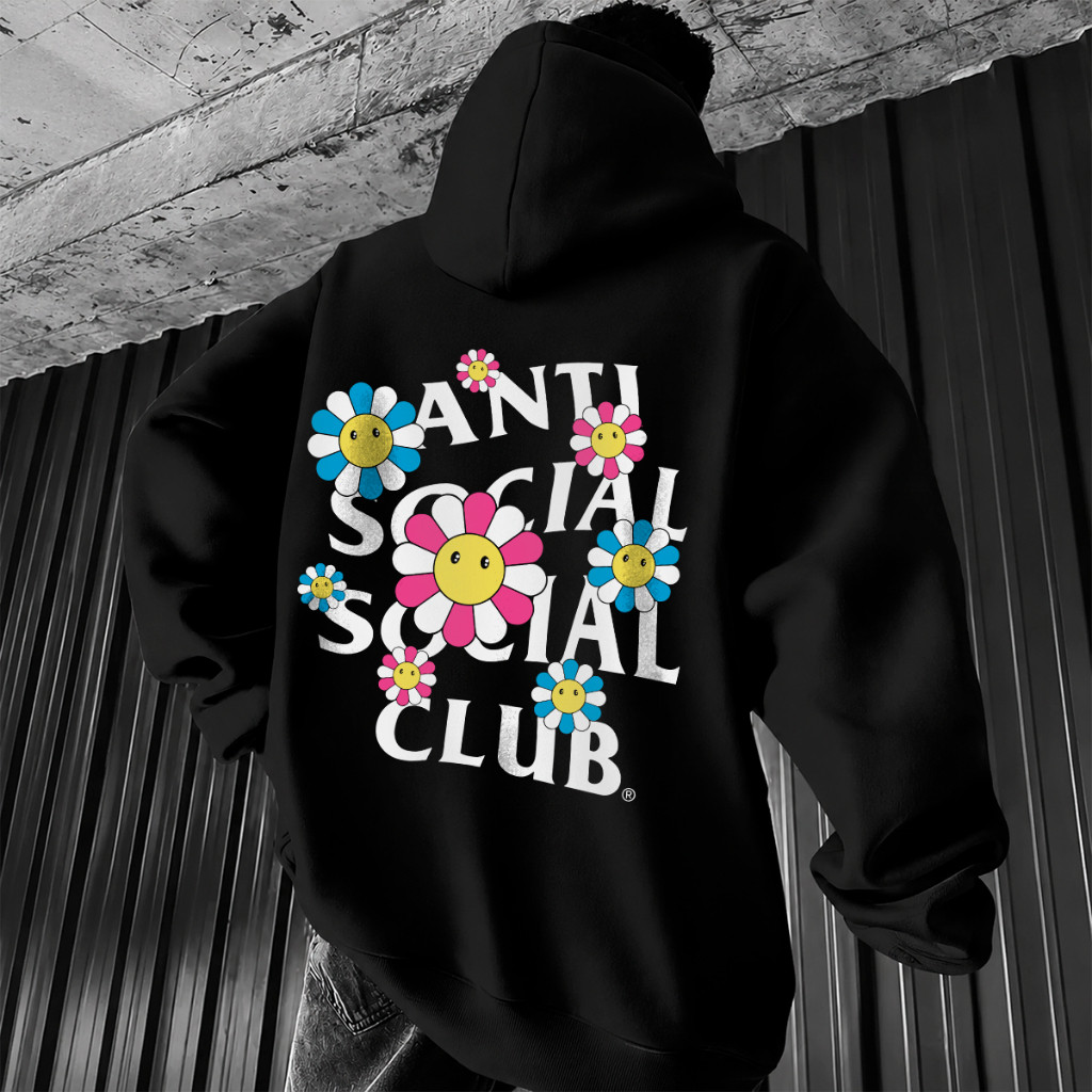 Moletom Anti Social Club Floral Preto Canguru Flanelado Flower Com Capuz