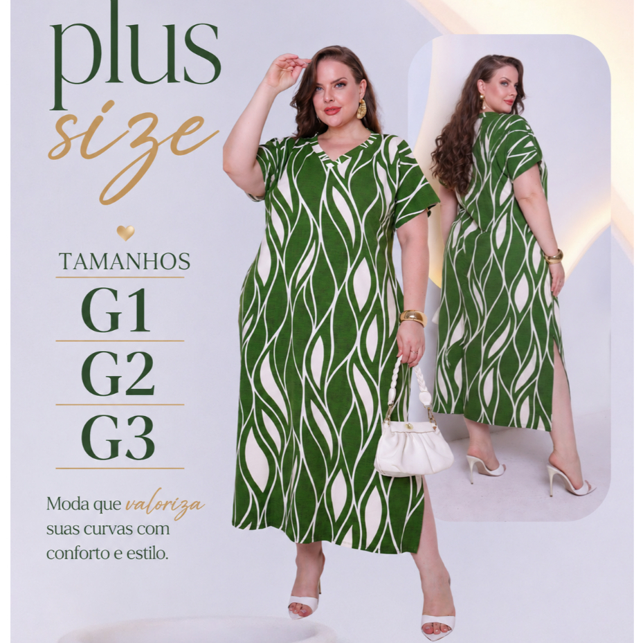Vestido Plus Size Midi Estampa Ondulada Gola V com Bolsos e Fendas Confortável Elegante 44 ao 56