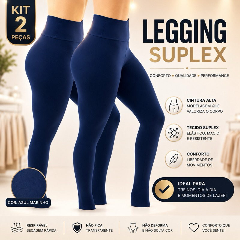 Kit 2 Calças Legging Feminina Azul Marinho Suplex Cintura Alta Academia Fitness