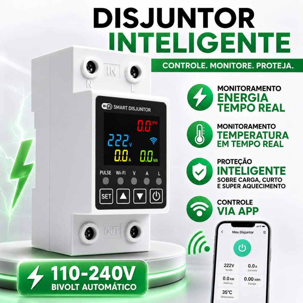 Disjuntor Wi-Fi 1-63A Inteligente - Compatível com Alexa e Google Home, Monitor de Energia e Temperatura Bivolt 110-240V
