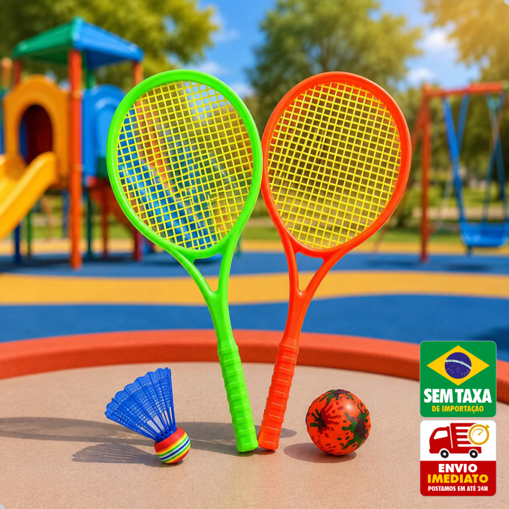 Kit 2 Raquetes Infantil Tênis Badminton com Bola e Peteca Brinquedo Plástico Colorido 48cm