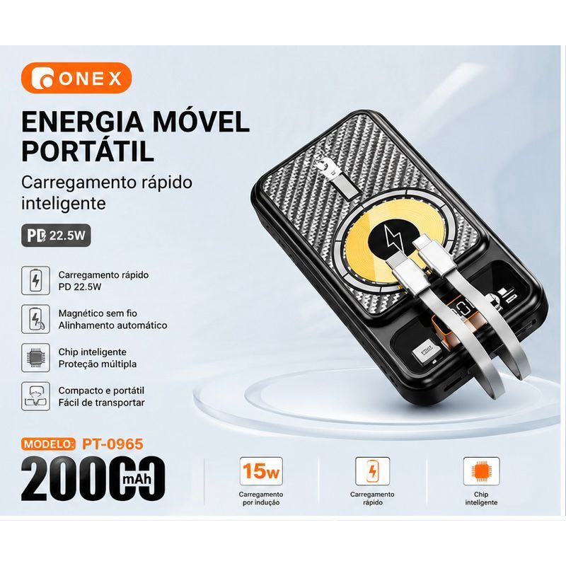Bateria Portátil Power Bank 20.000mAh 22.5W PD Alta Velocidade Magnético com cabo embutido O N E.X PT-0965