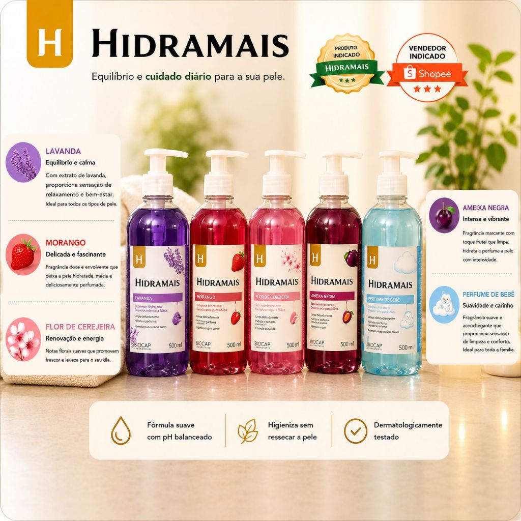 Sabonete Líquido Hidramais 500ml Corporal Hidratante Perfumado Pele Macia Limpeza Profunda Suave