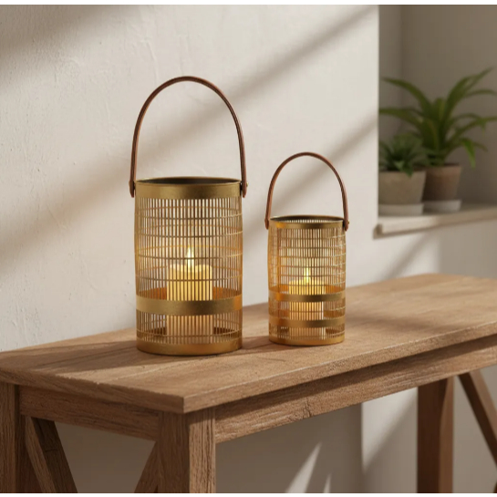 Lanterna Marroquina Decorativa De Chão Kit C/ 2 Vaso D Chão  Metal dourada Vela Luminárias