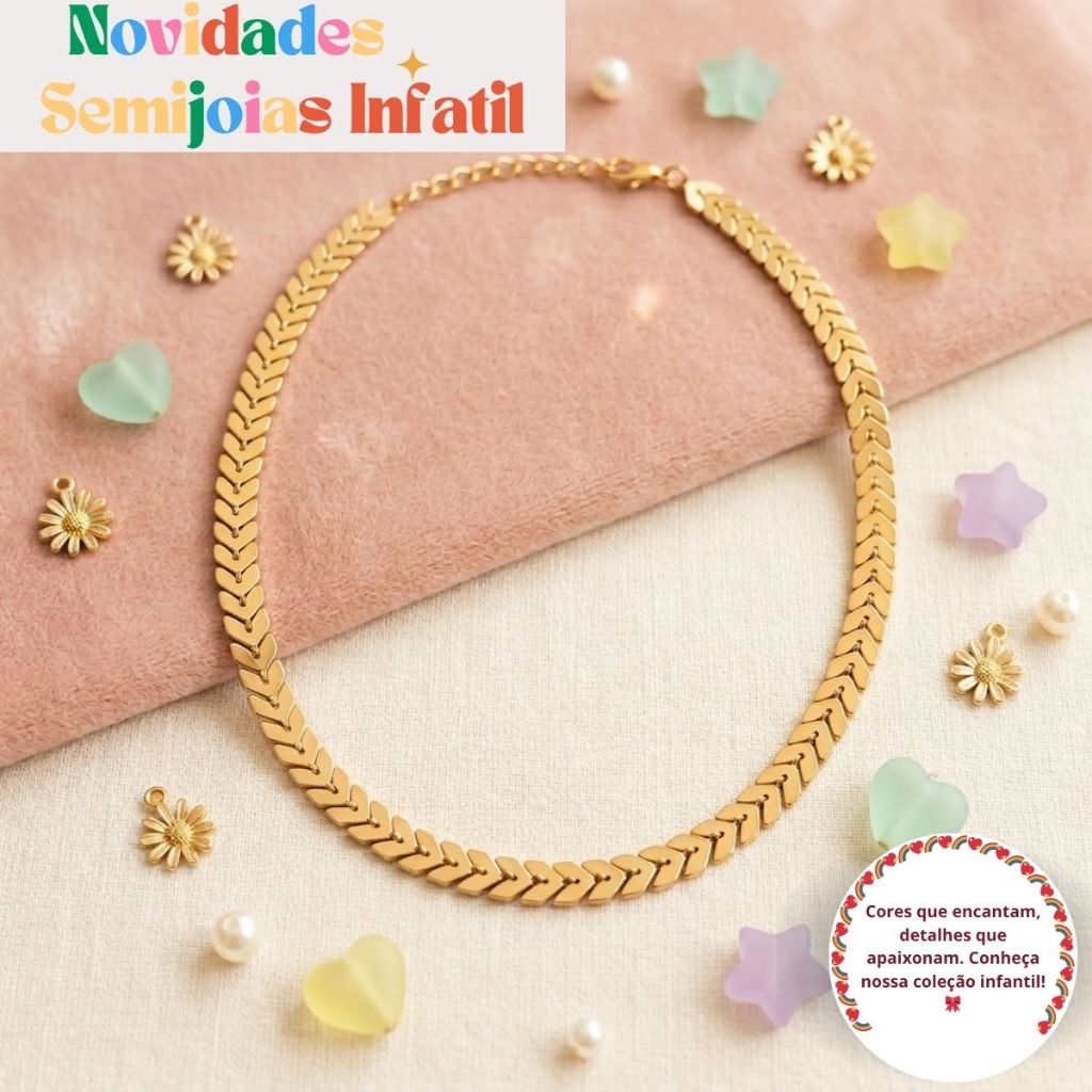 Colar Choker Infantil Menina Escama Peixe Folheado Ouro 18k Blogueirinha Antialérgico Presente Criança
