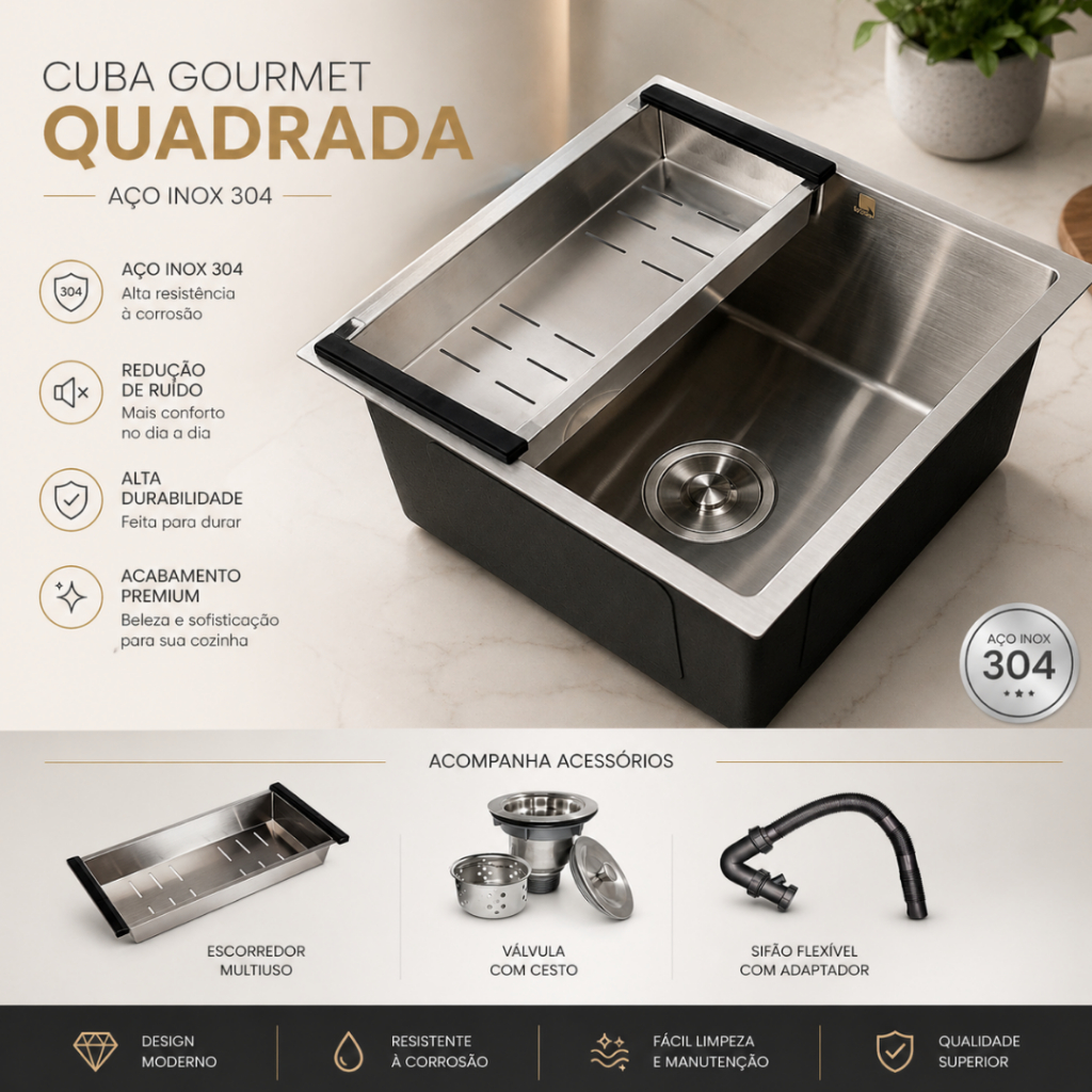 Cuba de Pia de Cozinha Gourmet 44x44cm Kit Cuba de Inox com Torneira para Pia Cozinha Dourado Gold · foto 2