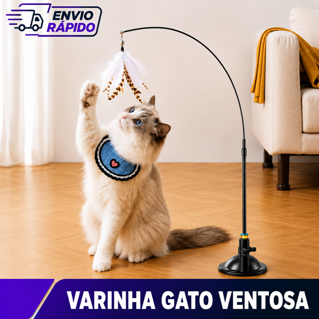 Brinquedo interativo Gato varinha pena com ventosa que fixa no chão