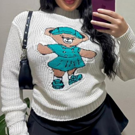 Blusa Ursinho Tricot Feminina Manga Longa Urso Teddy Inverno Frio Casaco Bordado Elegante