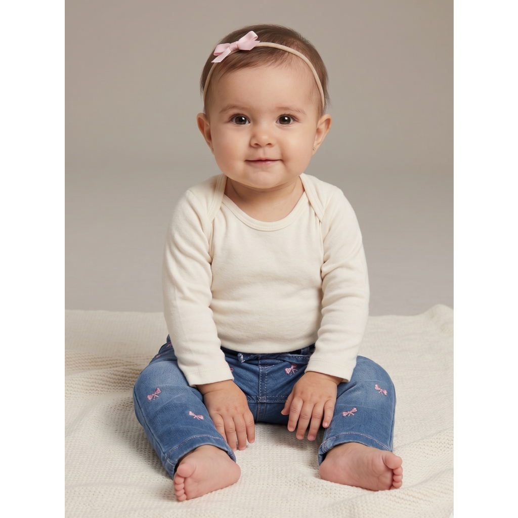 Calça Jeans Bebê Menina Laços Decorativos Premium Cordão na Cintura Elastano Inverno Bolsos Funcionais 01 a 03 Anos