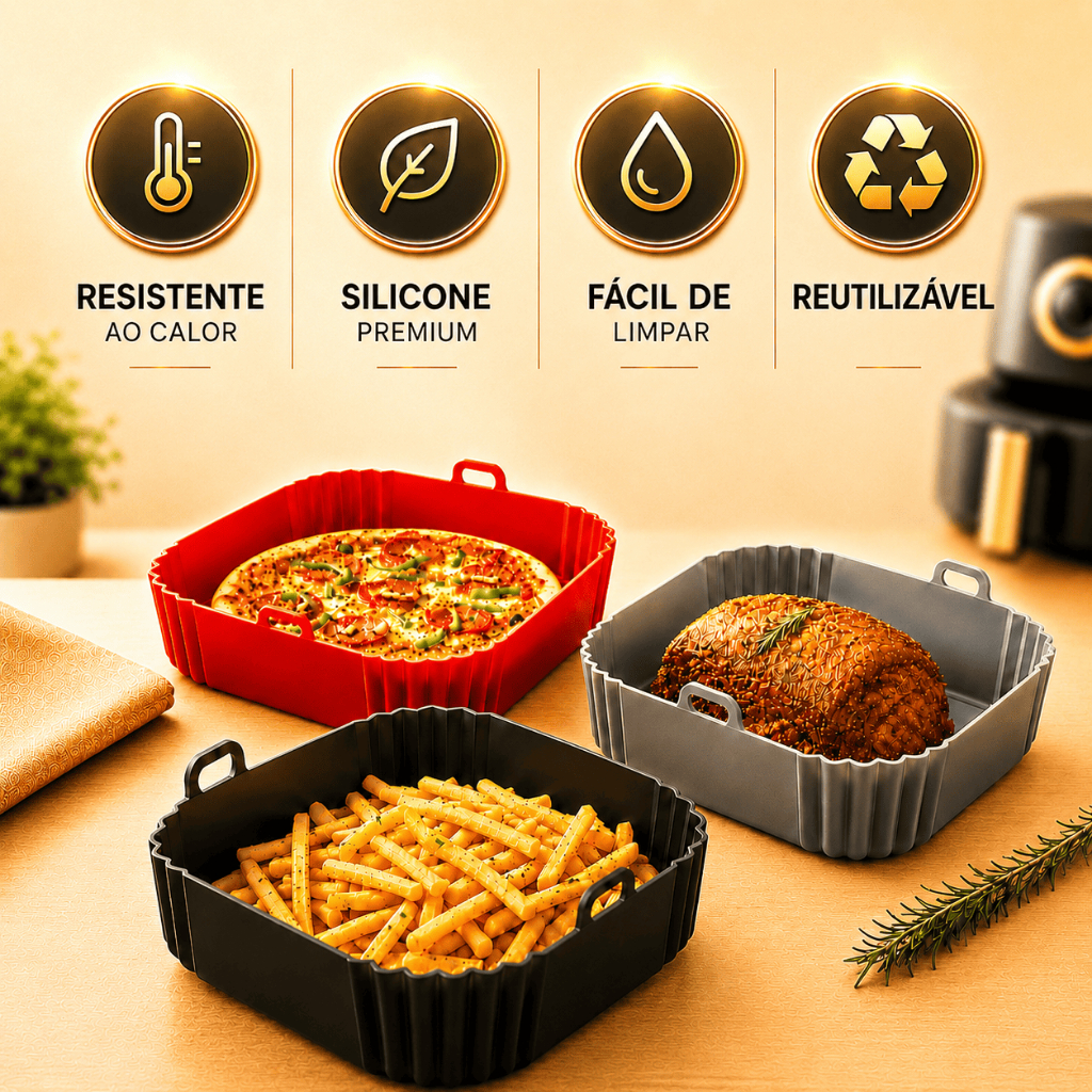 Kit Forma Silicone Air Fryer Quadrada Cesto Grande Fritadeira Elétrica Antiaderente 5,5 L