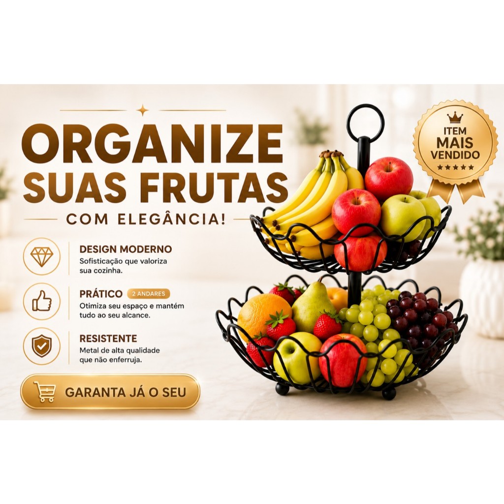 Fruteira de Mesa Ondulada em Ferro Aramado Preto 2 Andares - Praticidade, Utilidade a Modernidade que você precisa